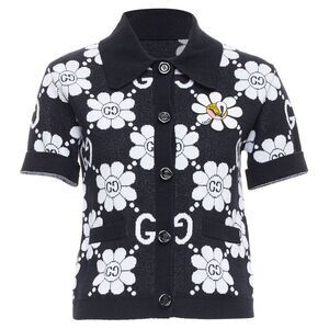 Gucci cotton blend floral daisy knit polo cardigan
